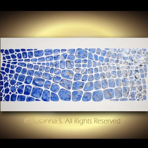Original painting, blue on white, Textured Large Abstract Art MADE2ORDER Mosaic Painting (48”x24”)