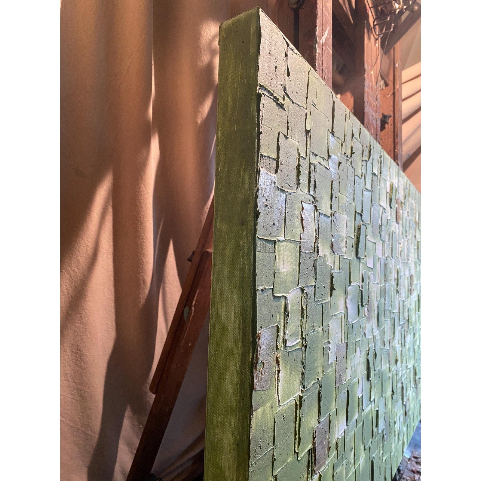 ORIGINAL Olive Green Large Abstract painting, Squares, Geometric Heavy Textured 48"x24" Palette knife Art- by Susanna Shap