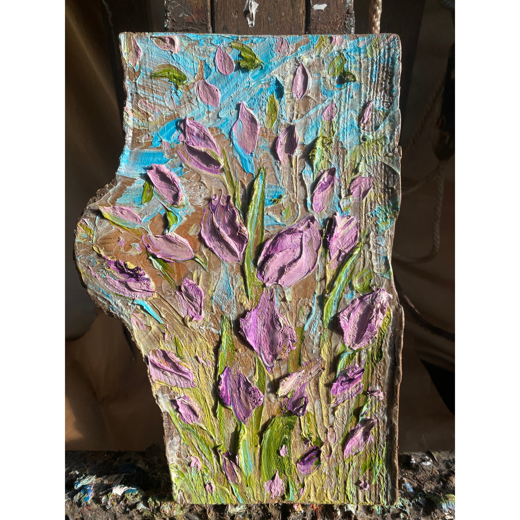 ORIGINAL Purple tulips Small Floral landscape oil painting, Textured Abstract Tactile Art on wood