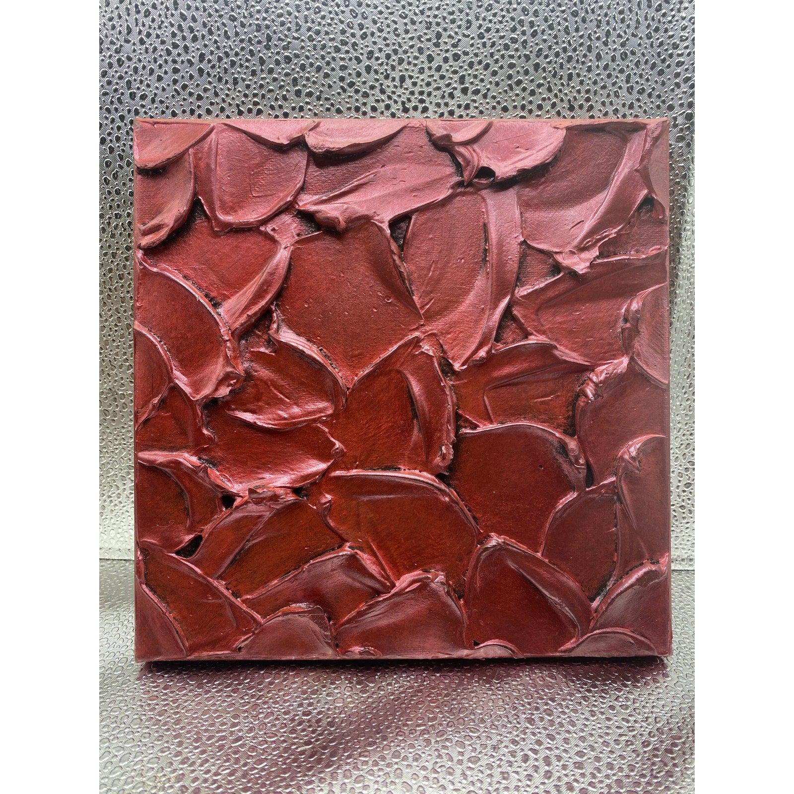 ORIGINAL Abstract Textured painting Metallic Ruby Red, Palette knife Impasto Small 8" x 8"