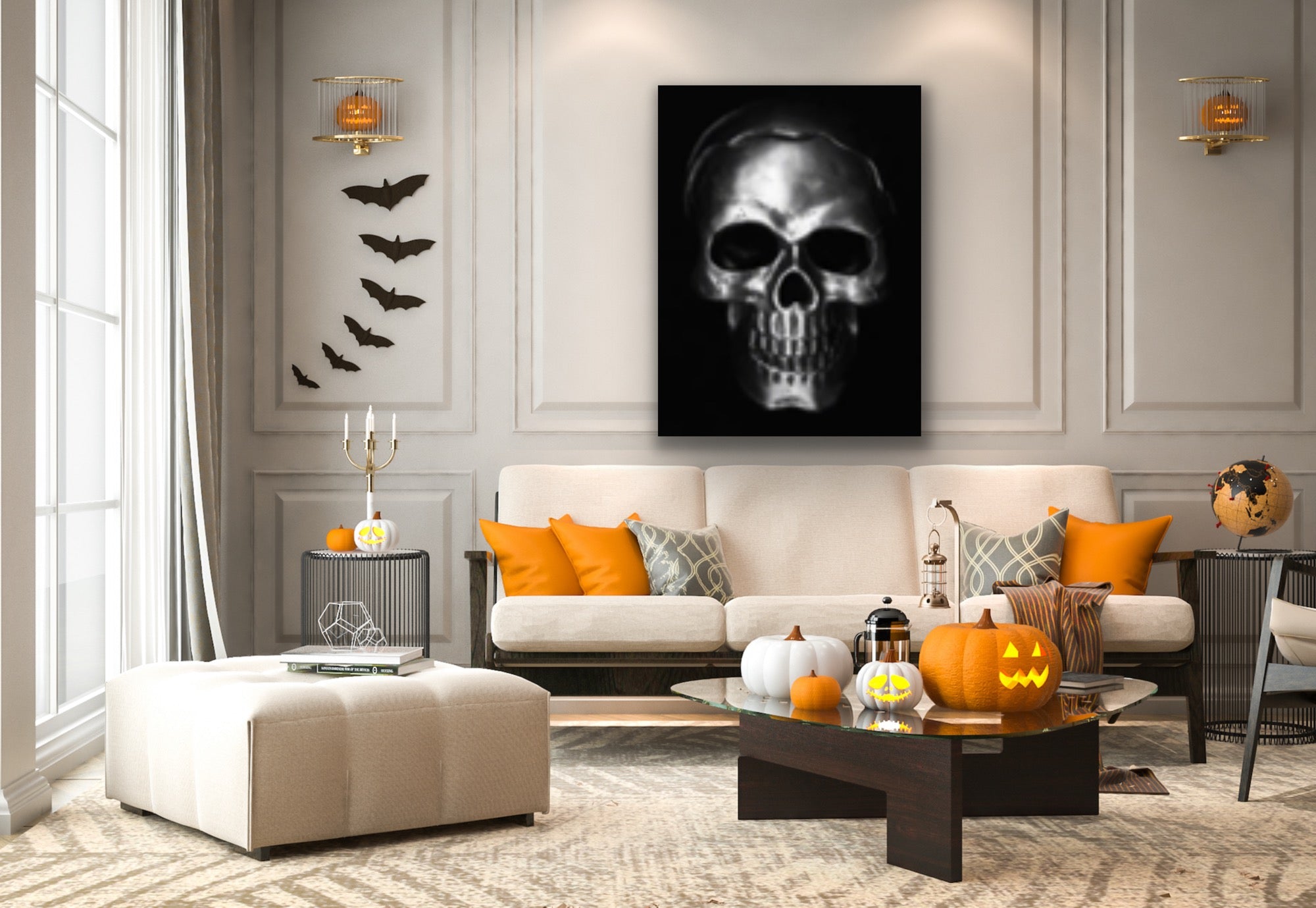 Silver skull on black, Original Photography, Gothic Halloween Wall art home decor, Stretched Canvas, Fine Art Giclee PRINT, Small-X large