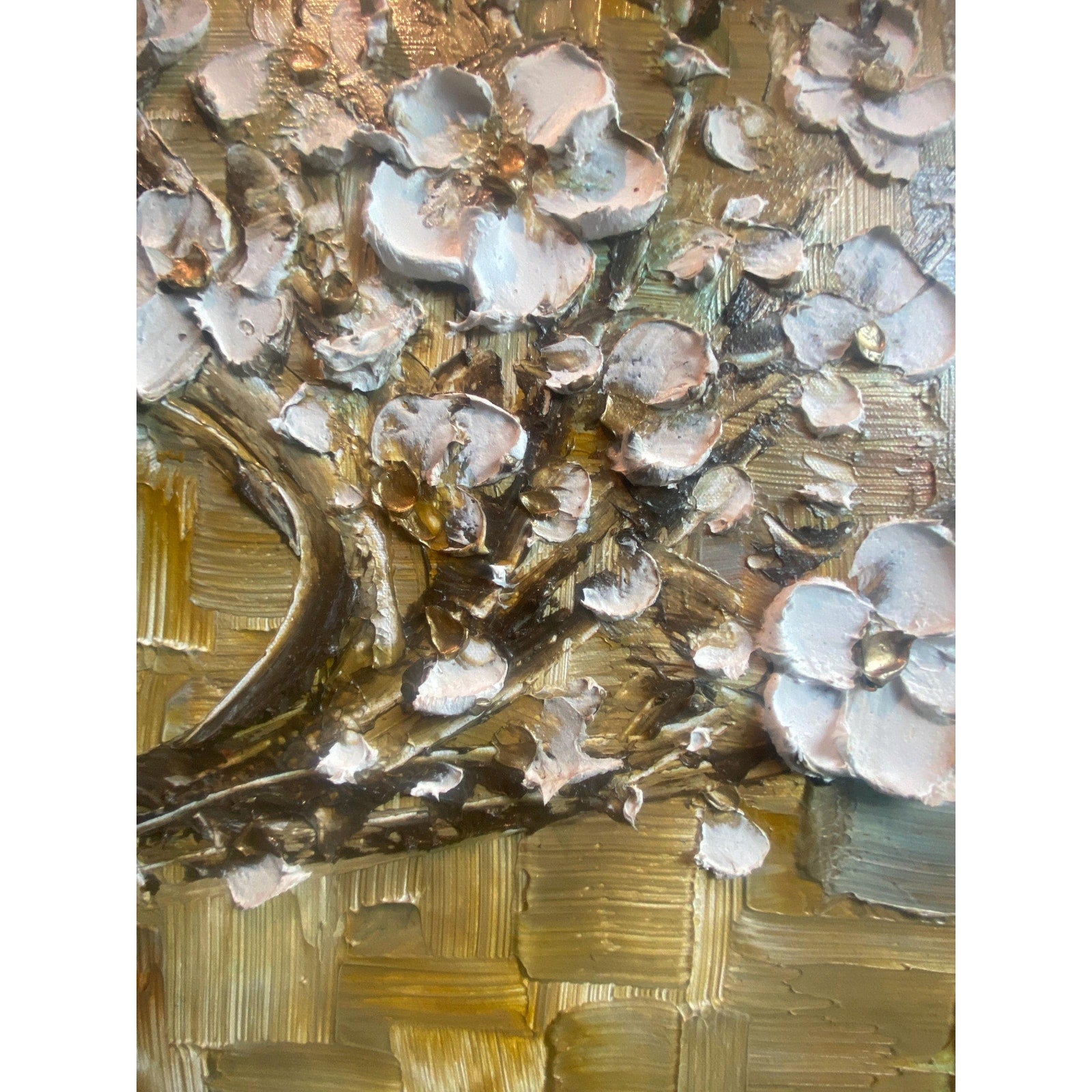 ORIGINAL TREE PAINTING abstract art textured white cherry blossom impasto palette knife textured impressionist art by susanna shap (36x24")