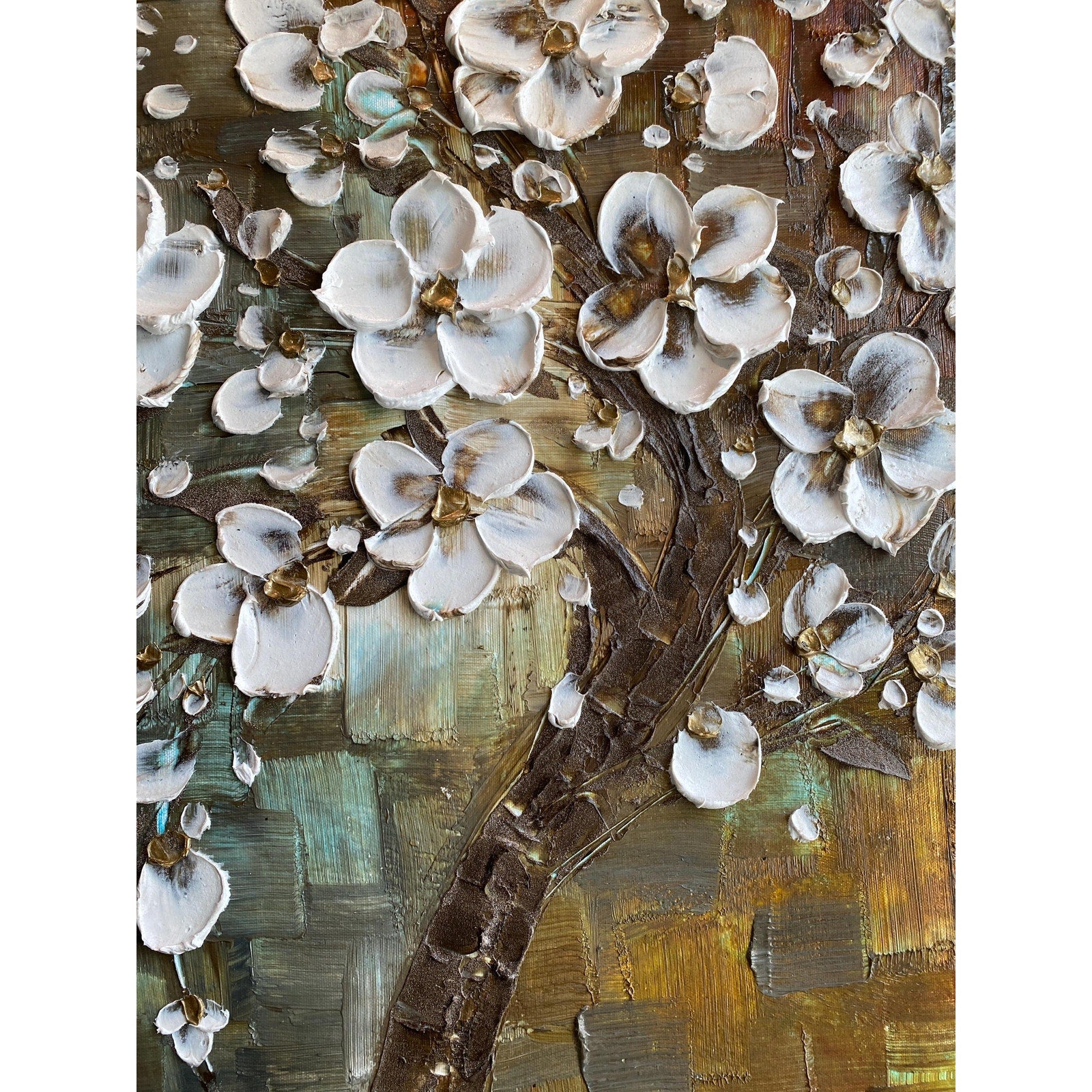 Textured Original White Cherry Blossom Palette Knife Impasto Painting (24x24")