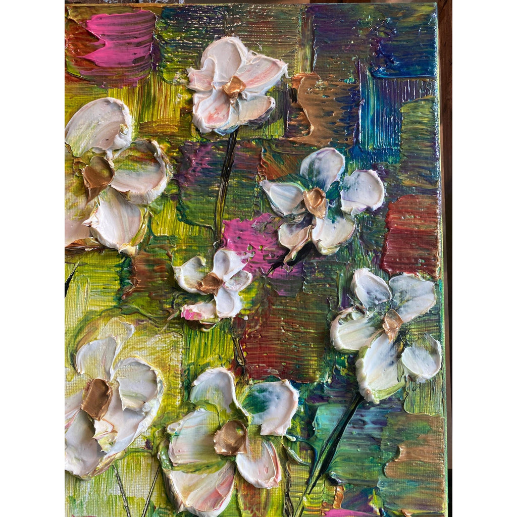 Original Abstract textured white flowers art, multicolored Palette Knife Impasto Painting: 18"x24" by Susanna Shap