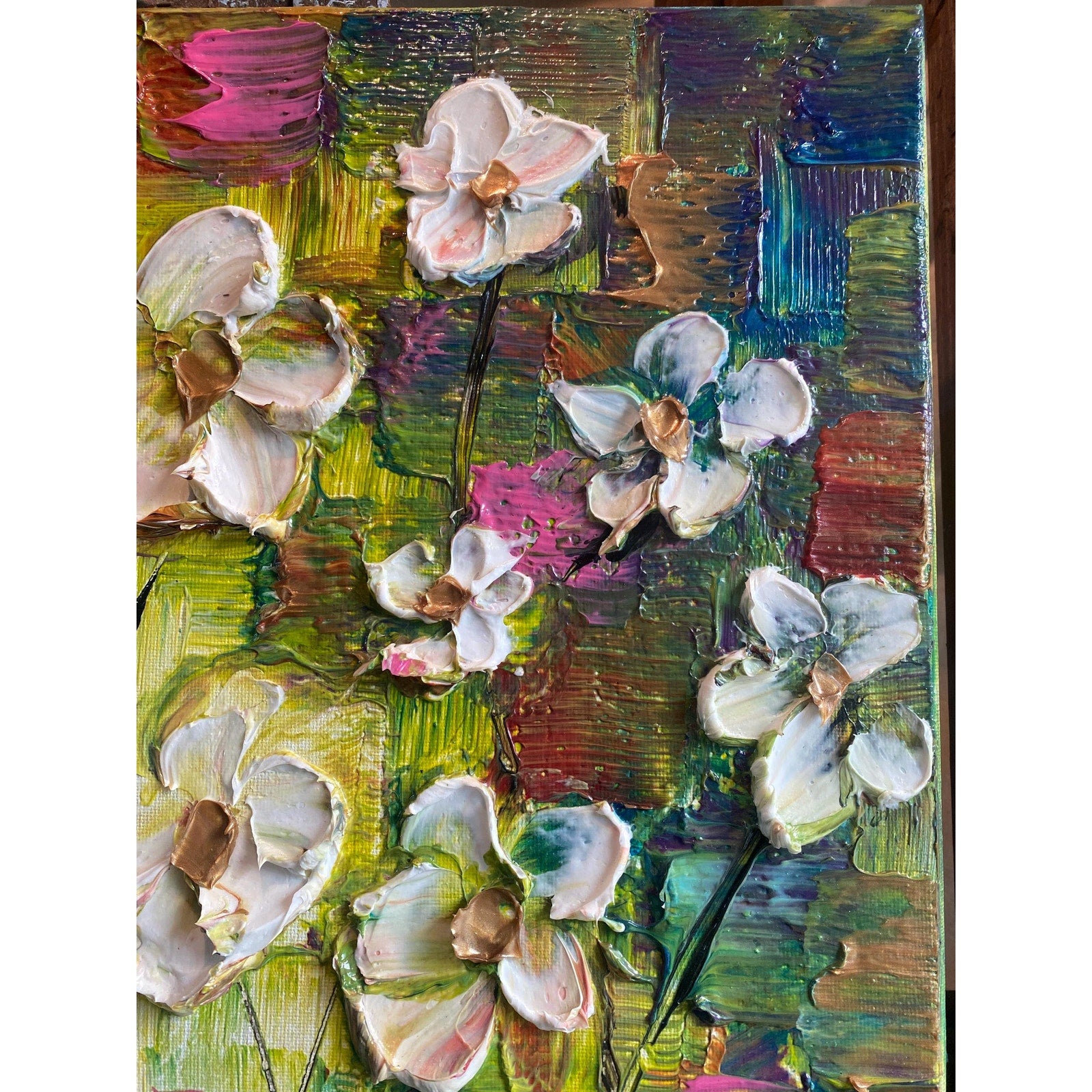 Original Abstract textured white flowers art, multicolored Palette Knife Impasto Painting: 18"x24" by Susanna Shap