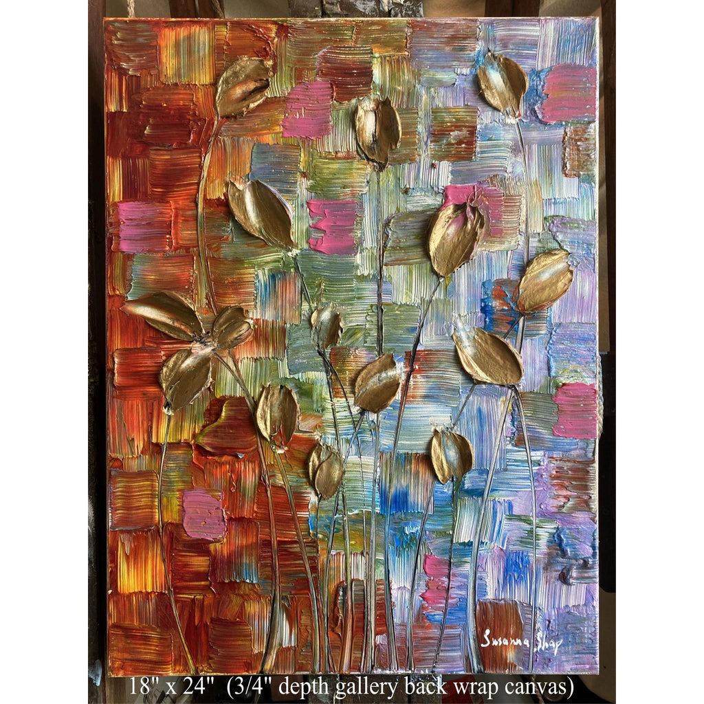 Original Gold Tulips Painting: Abstract Flowers, Textured Palette Knife Impasto Art