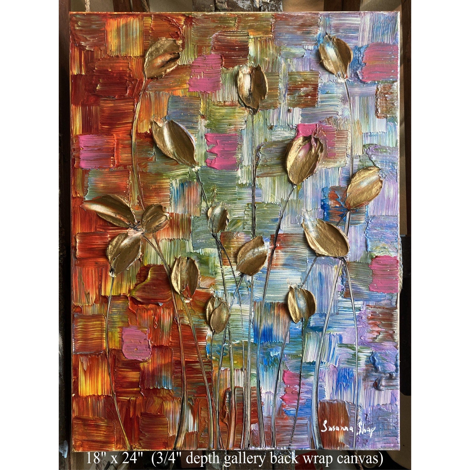 Original Gold Tulips Painting: Abstract Flowers, Textured Palette Knife Impasto Art