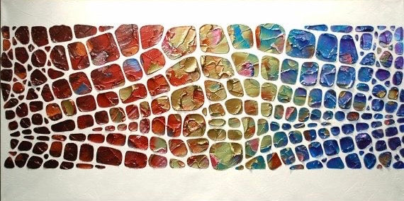 Original Abstract Palette Knife Impasto Textured Geometric painting, multicolor rainbow on white, Large Wall Art Mosaic (48”x24”) MADE2ORDER