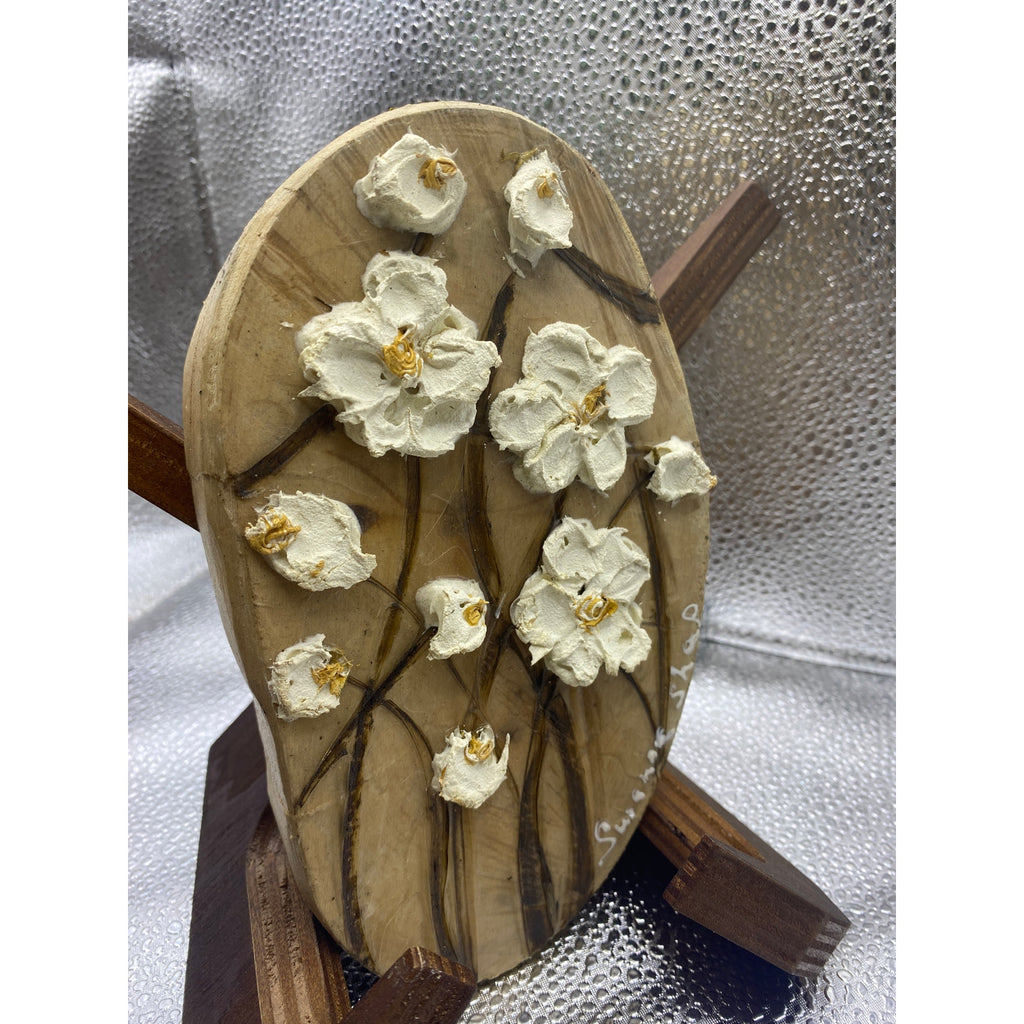 ORIGINAL Irregular organic shape Oval Miniature White flowers oil painting, Small Tactile Art on wood- by Susanna Shap
