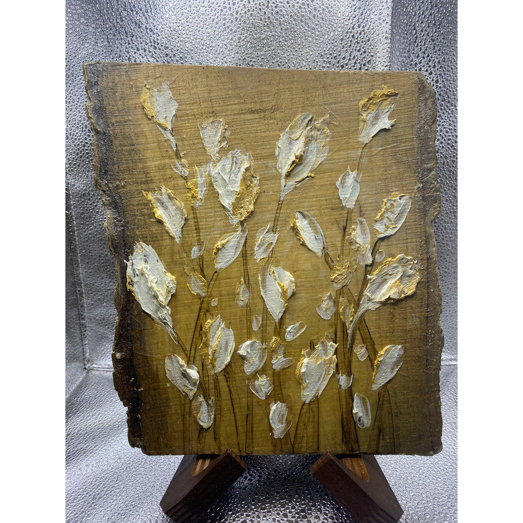 ORIGINAL White Gold Tulips landscape oil painting, Abstract Small Floral landscape oil painting, impasto on wood- by Susanna Shap