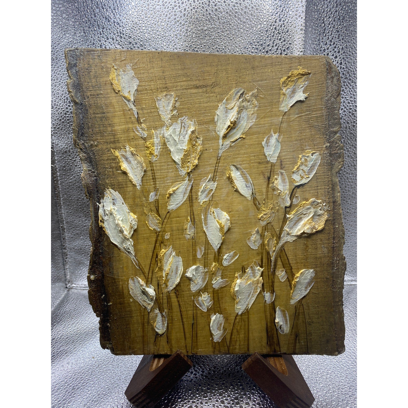 ORIGINAL White Gold Tulips landscape oil painting, Abstract Small Floral landscape oil painting, impasto on wood- by Susanna Shap