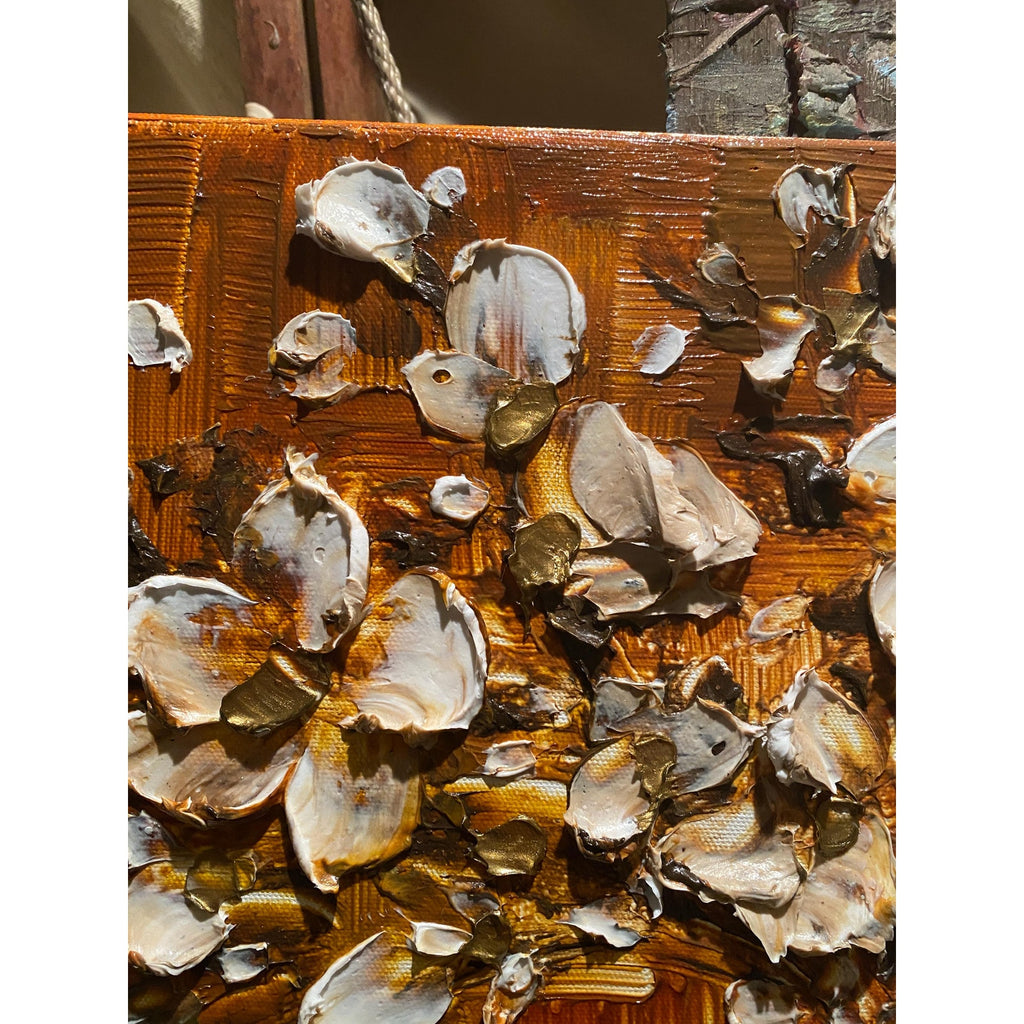 Original textured abstract tree painting, brown and white Cherry Blossom Impasto , Palette Knife impasto fine Art (36x24")