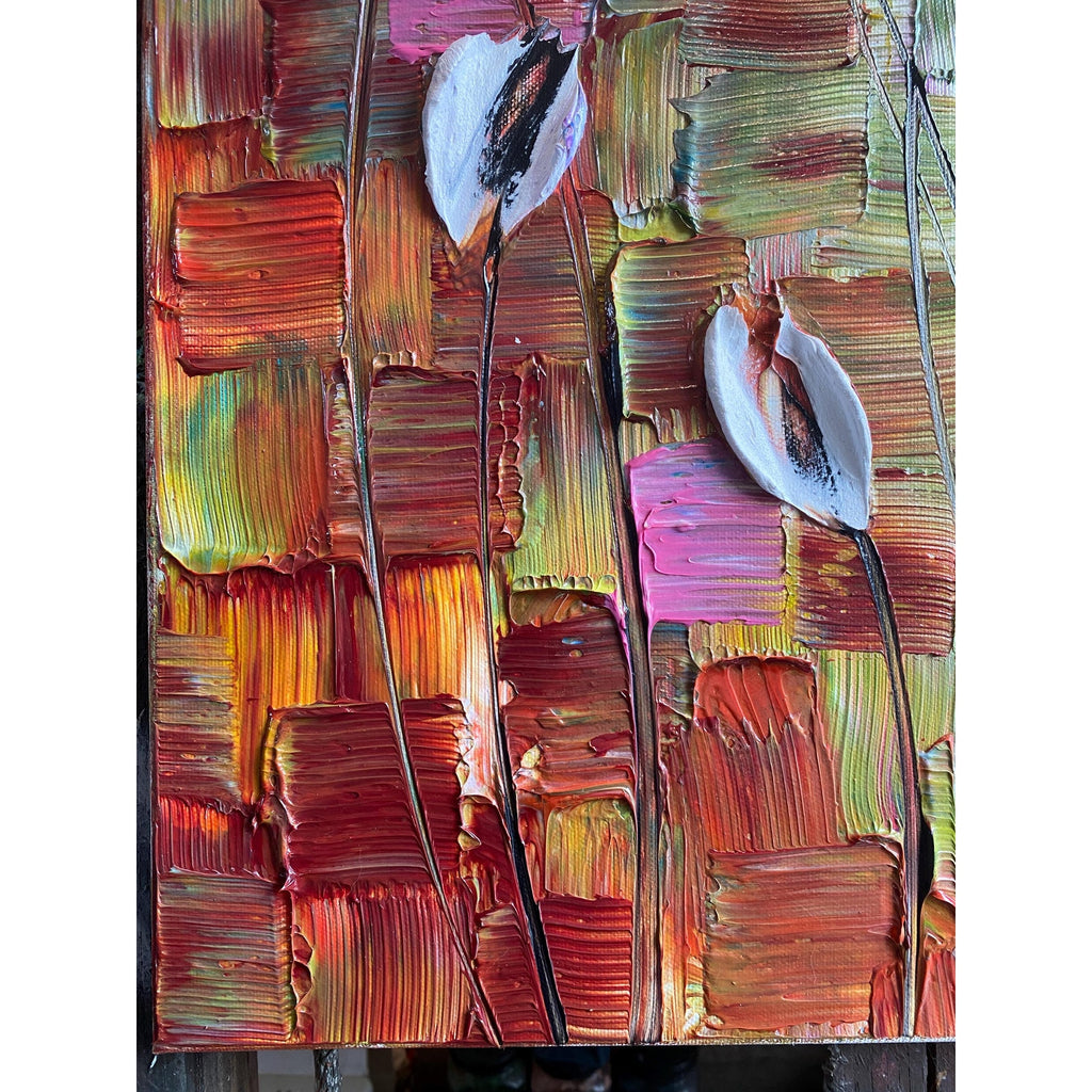 Original White Tulips Impasto Painting, Palette Knife Textured Art (20"x20")