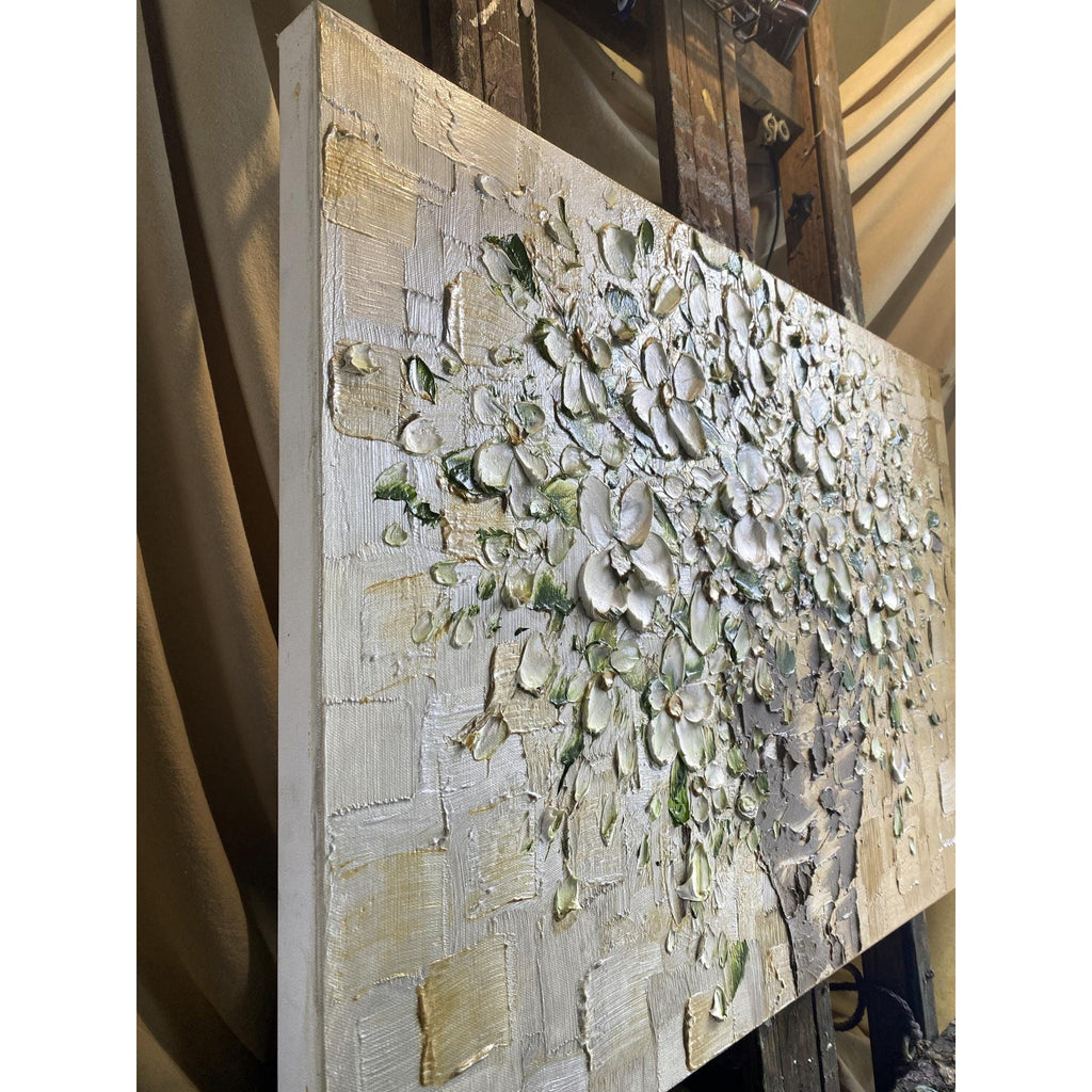 Original White Blossom Flowers Bouquet in vase floral still life Textured Impasto Painting, Palette Knife Fine Art (24"x36")