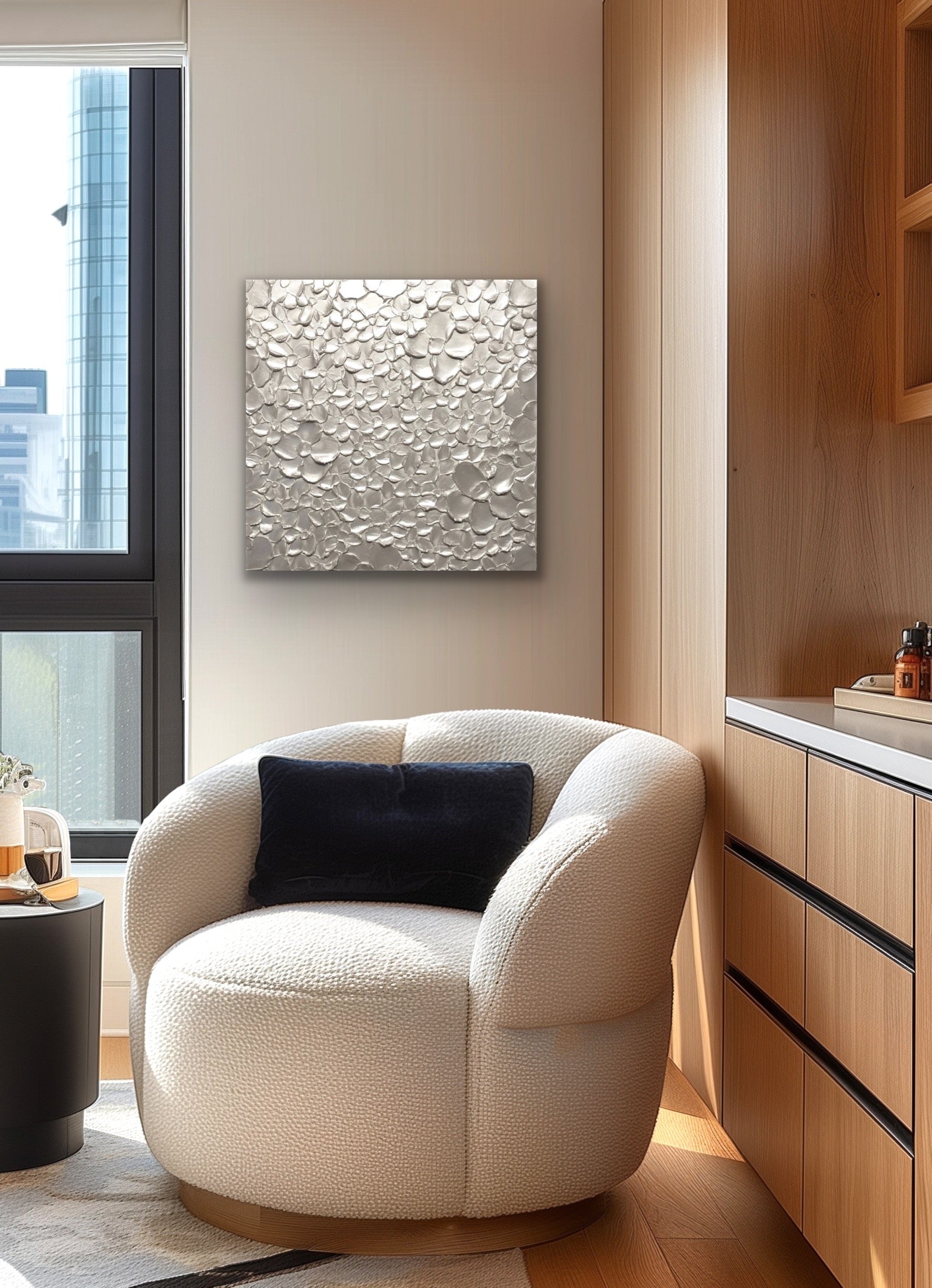 White pearl Blossoms Flowers Abstract Minimalist ORIGINAL Textured Painting palette knife Impasto, Abstract Wall Art -MADE2ORDER