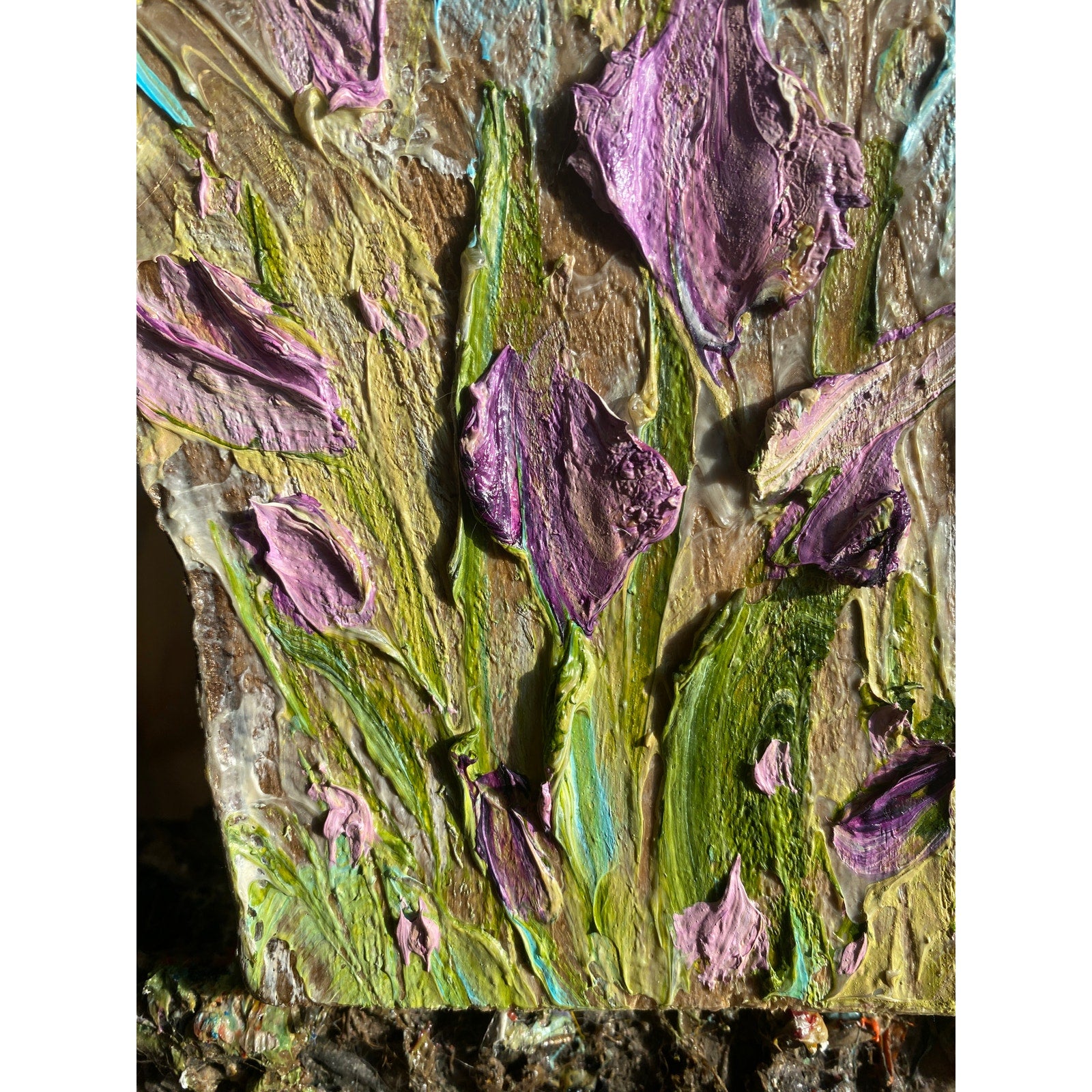 ORIGINAL Purple tulips Small Floral landscape oil painting, Textured Abstract Tactile Art on wood