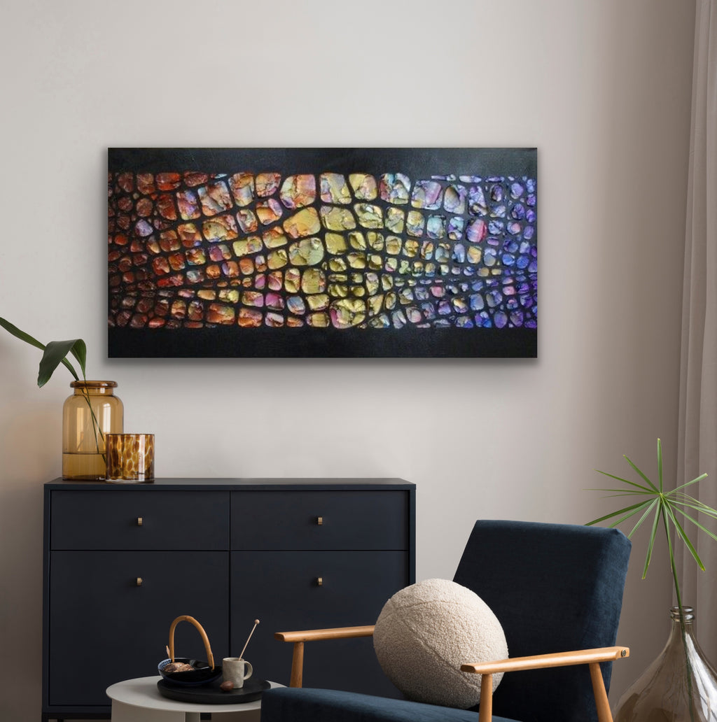 Original Palette knife Impasto Textured Large Abstract Wall Art MADE2ORDER Geometric Mosaic Painting Black and MultiColor