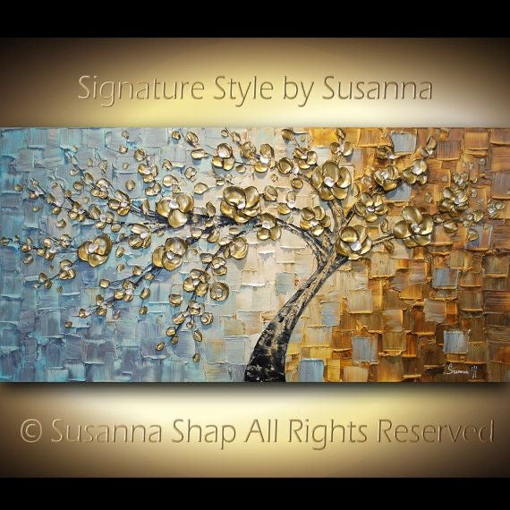 Original Gold Cherry Blossom Tree Abstract Landscape Earth tones Grey Brown and blue, Impasto Textured painting palette knife art by susanna shap (MADE2ORDER)