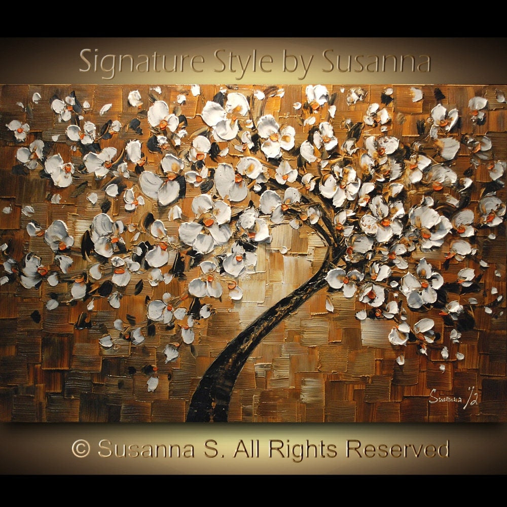 Original Abstract tree painting White cherry blossom, No. 3, textured palette knife impasto art by susanna shap (MADE2ORDER)