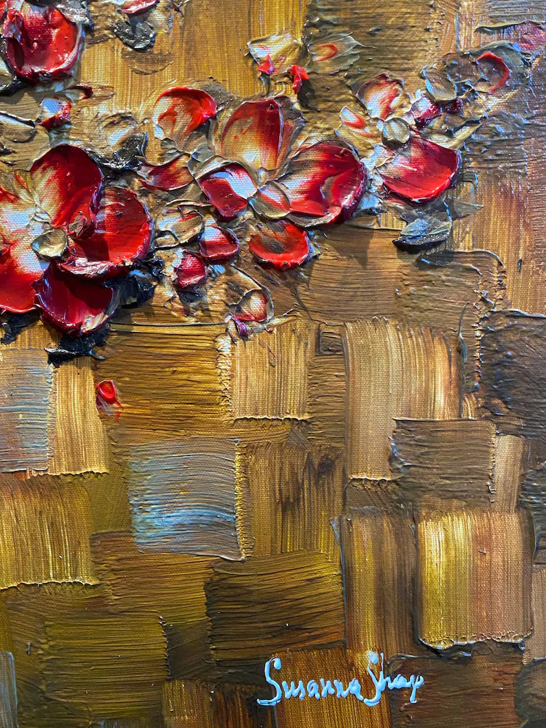 Original Abstract tree painting red cherry blossom textured palette knife impasto art by susanna shap (MADE2ORDER)