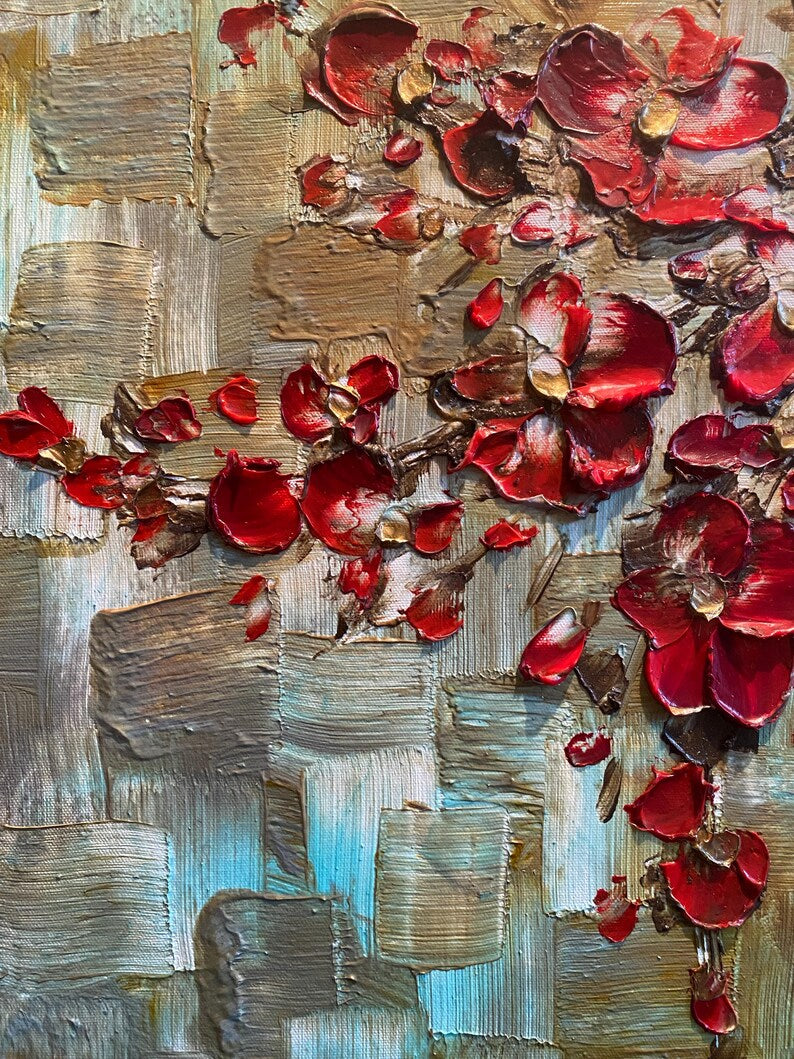 Original Abstract tree painting red cherry blossom textured palette knife impasto art by susanna shap (MADE2ORDER)