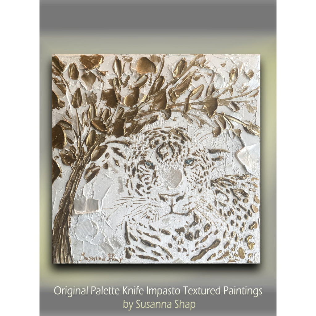 Leopard, Big Cat Animal Painting Abstract ORIGINAL Art White & Gold Textured painting, Handmade wall art