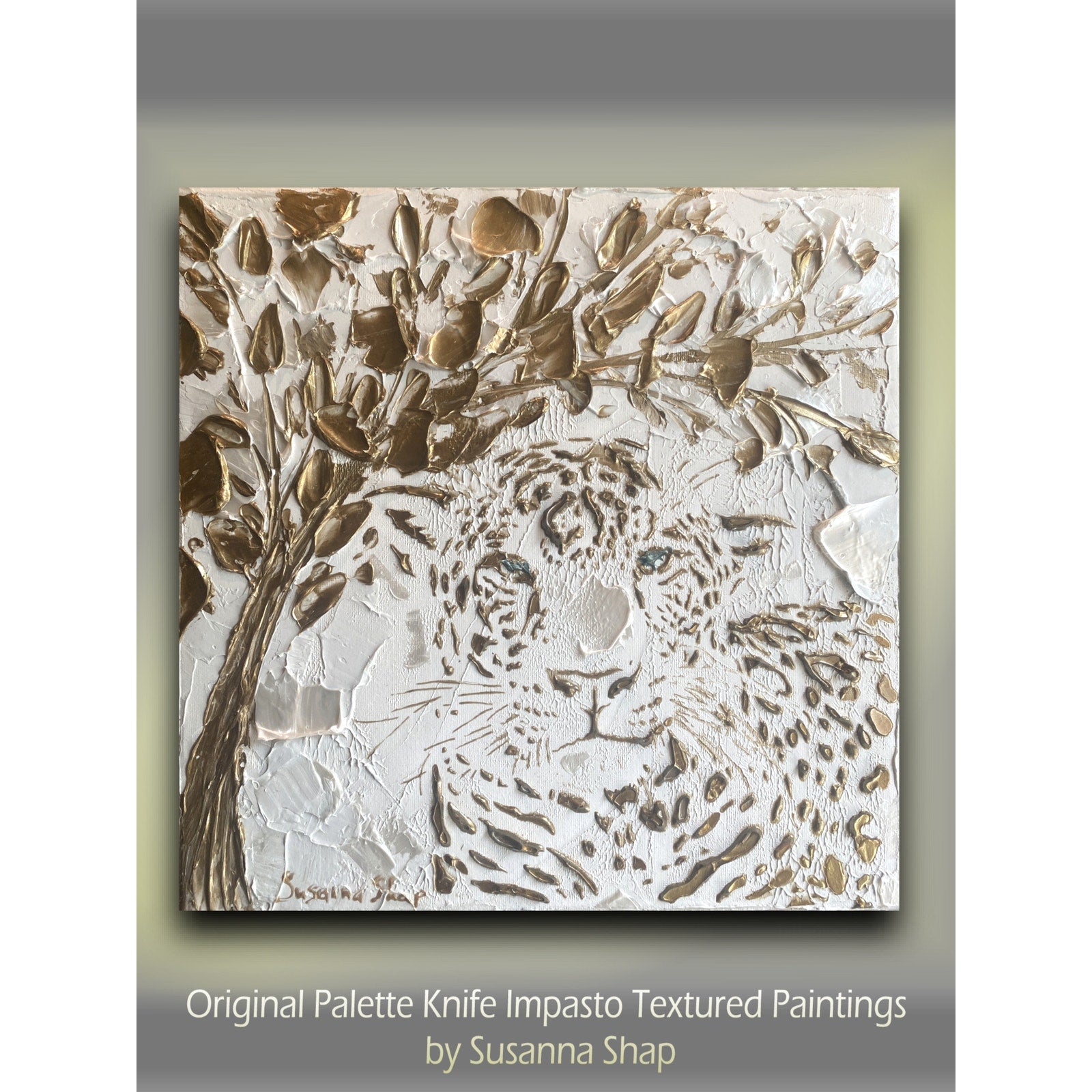 Leopard, Big Cat Animal Painting Abstract ORIGINAL Art White & Gold Textured painting, Handmade wall art