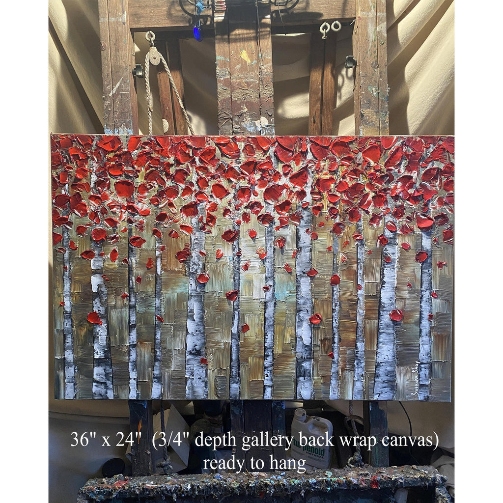 Red Birch Trees Impasto Painting, Textured Landscape Art (36x24")