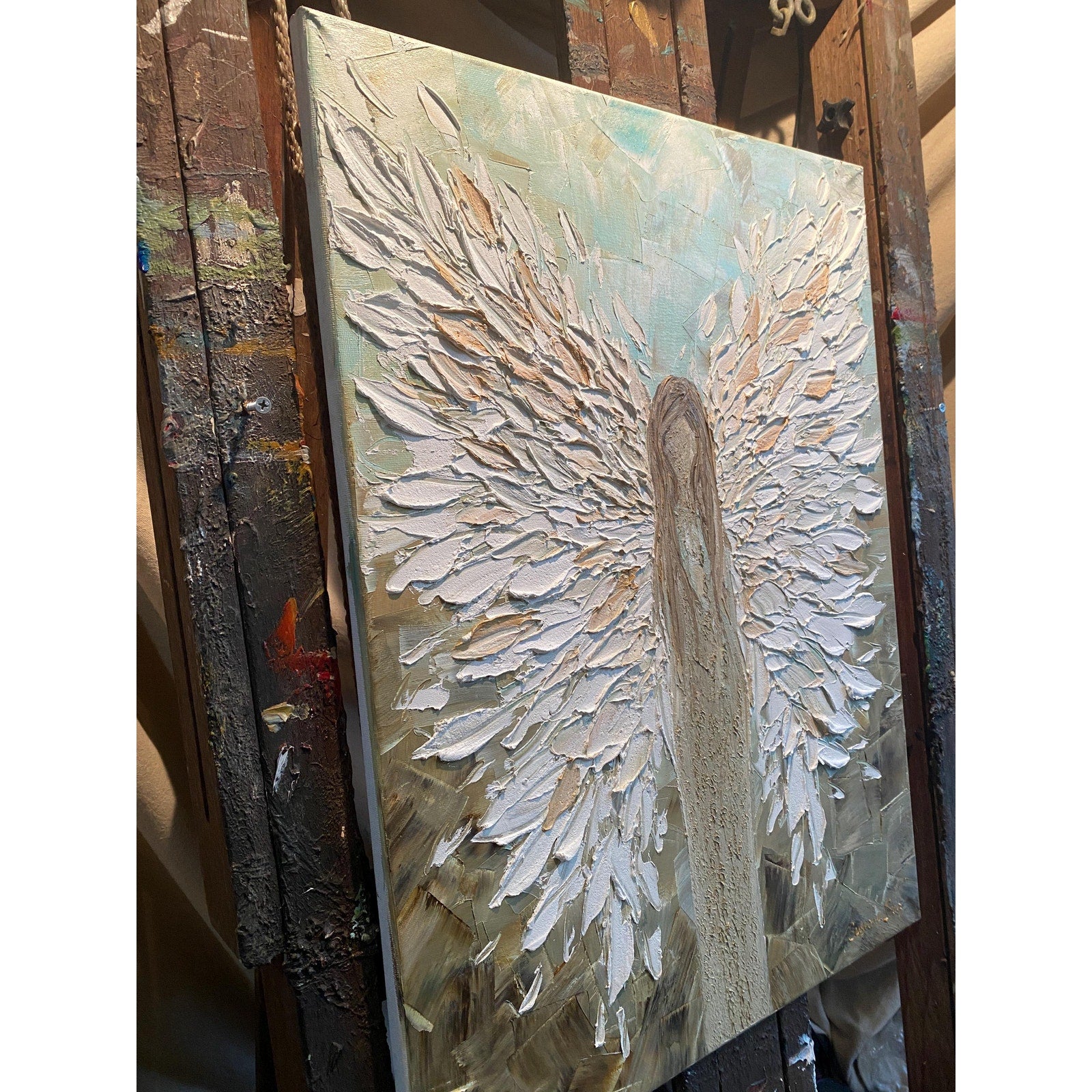 ORIGINAL angel abstract oil painting on canvas impasto Textured Palette knife white Angel wings Wall Art 20x20" by Susanna Shap