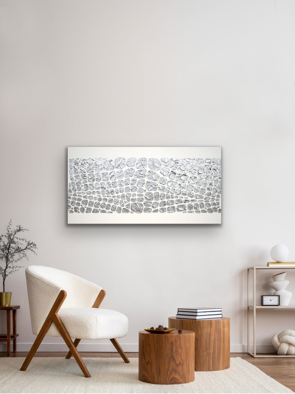 Original painting, metallic silver on white, Textured Large Abstract Art MADE2ORDER Mosaic Painting (48”x24”)
