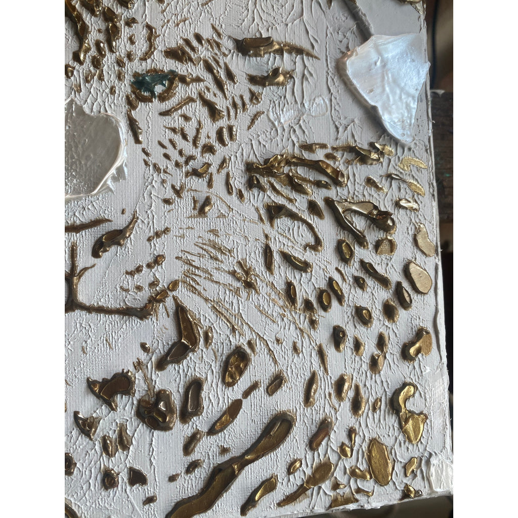 Leopard, Big Cat Animal Painting Abstract ORIGINAL Art White & Gold Textured painting, Handmade wall art
