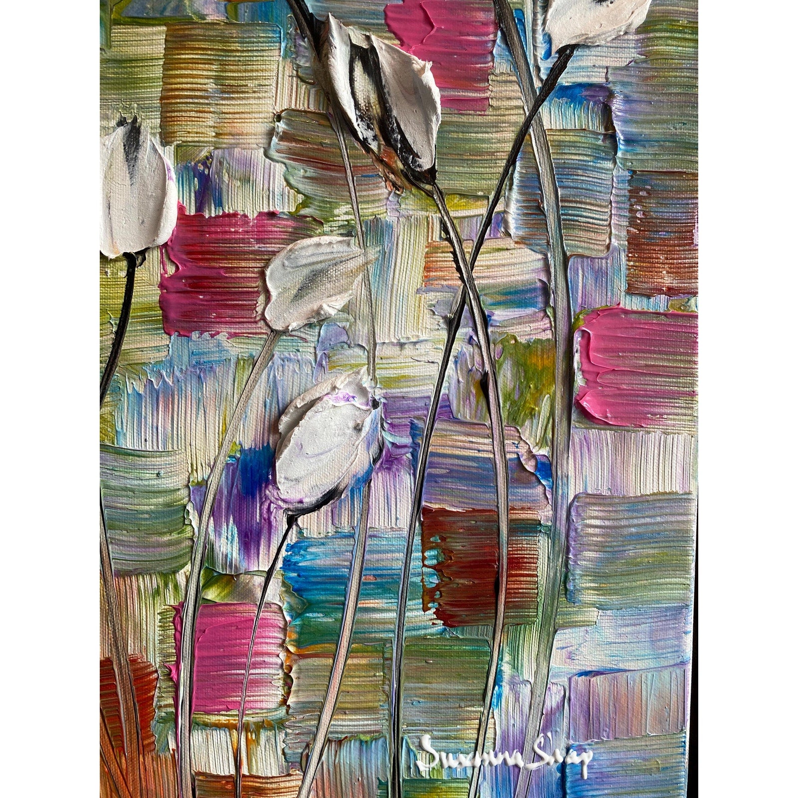 Original White Tulips Impasto Painting, Palette Knife Textured Art (20"x20")