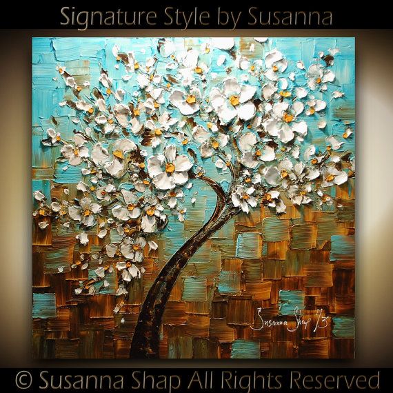 Original Abstract tree painting White cherry blossom, No.2, textured palette knife impasto art by susanna shap (MADE2ORDER)