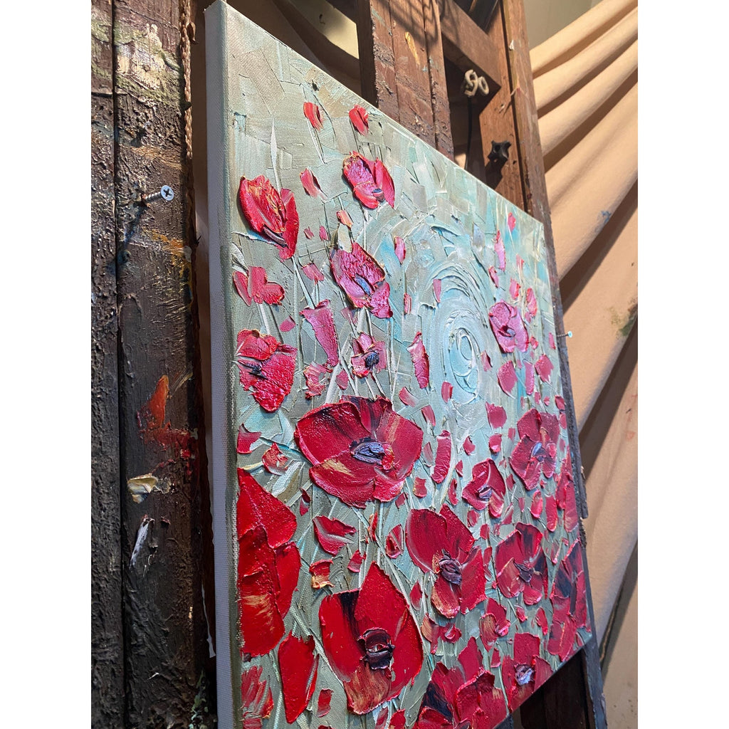 red poppies ORIGINAL abstract floral oil painting flowers landscape impasto Texture Palette knife Wall Art 20x20" Susanna Shap