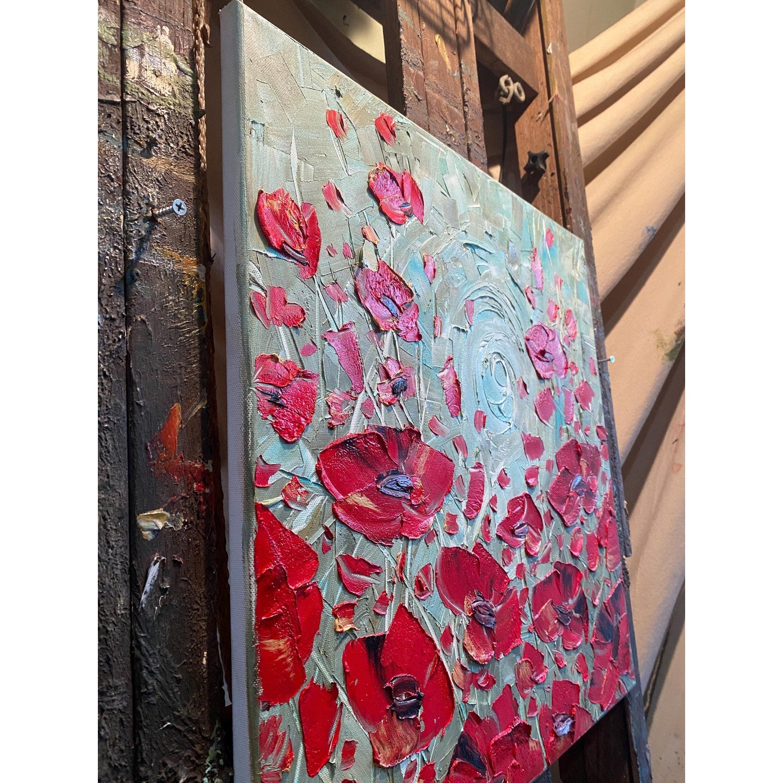 red poppies ORIGINAL abstract floral oil painting flowers landscape impasto Texture Palette knife Wall Art 20x20" Susanna Shap