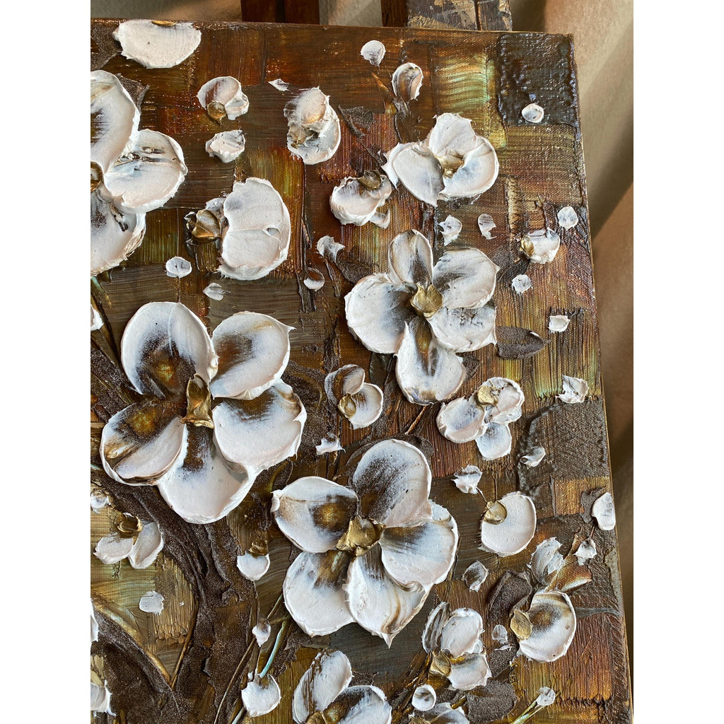 Textured Original White Cherry Blossom Palette Knife Impasto Painting (24x24")