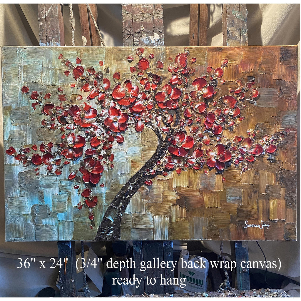 Original Red Cherry Blossom Tree Painting, Palette Knife Impasto Textured Fine Art (36x24")
