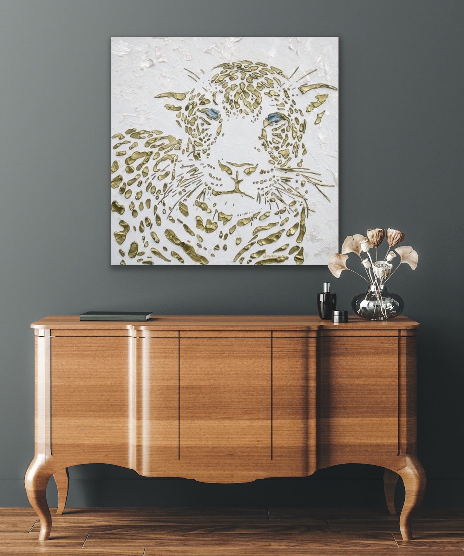 Original Leopard Painting MADE2ORDER Gold On White Textured Palette Knife Art