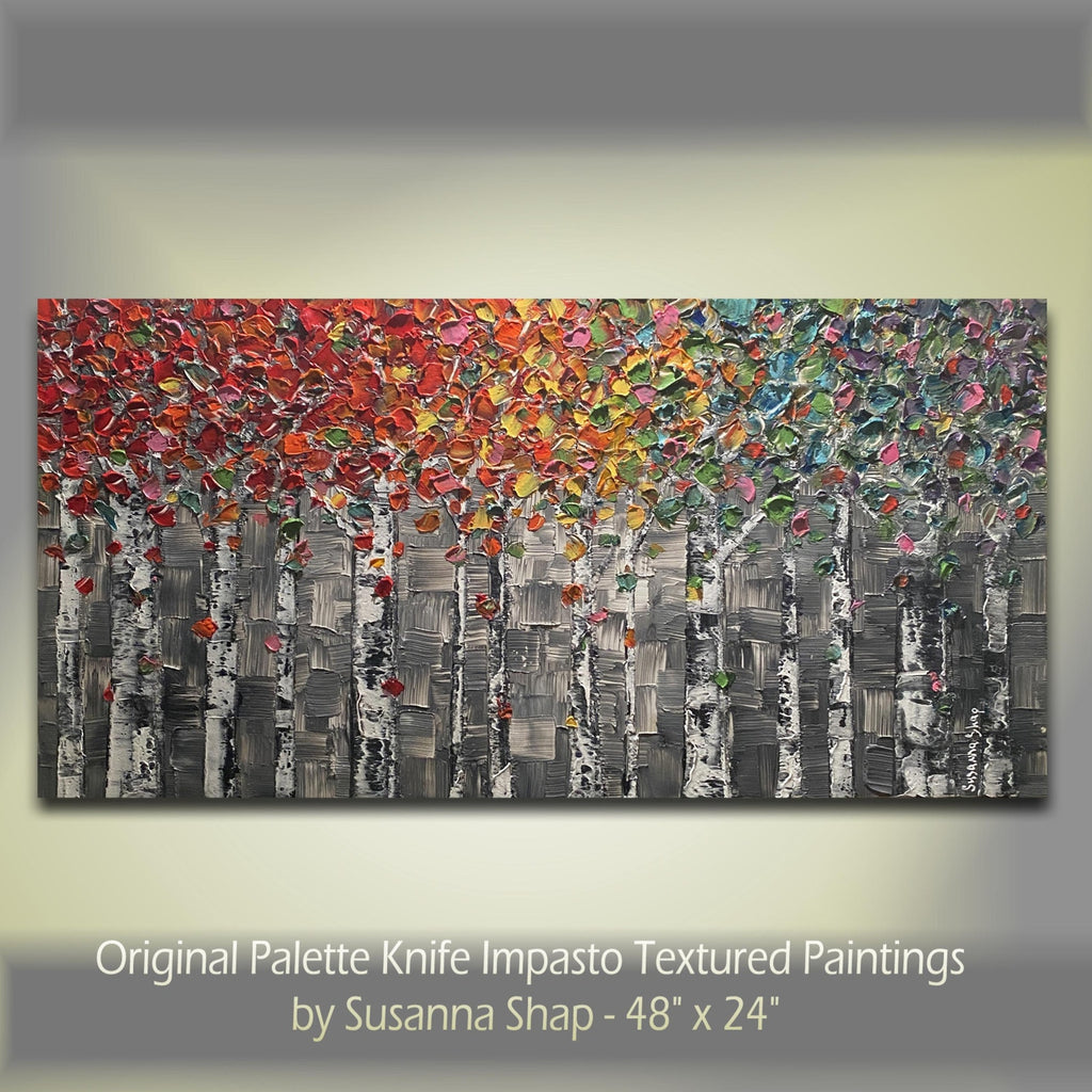 Original Textured Birch Trees Impasto Painting by Susanna Shap (48"x24")