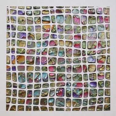 Original white multicolored metallic geometric mosaic abstract impasto palette knife textured painting by Susanna Shap