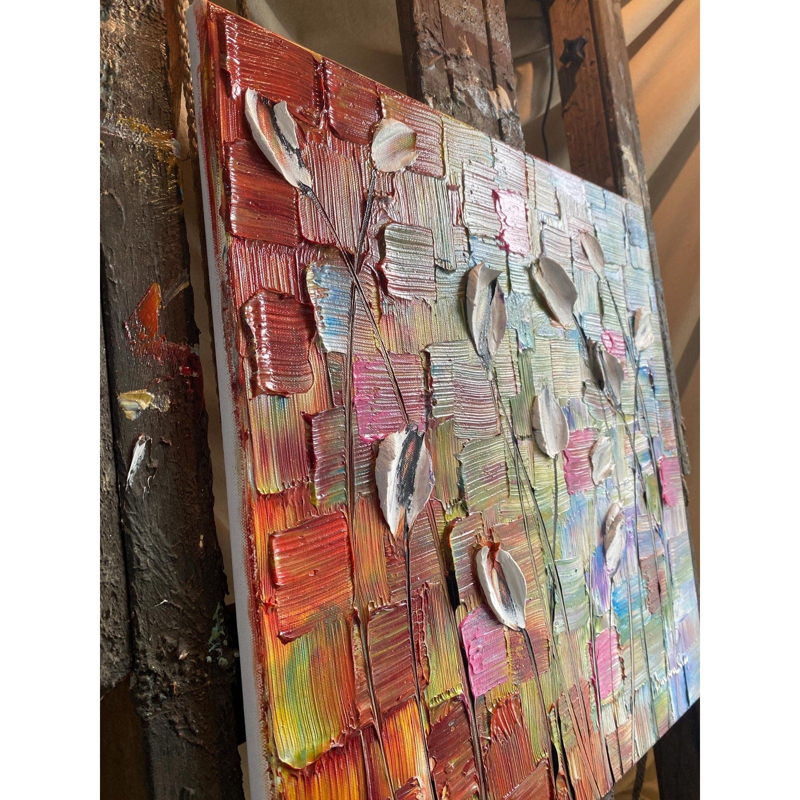 Original White Tulips Impasto Painting, Palette Knife Textured Art (20"x20")