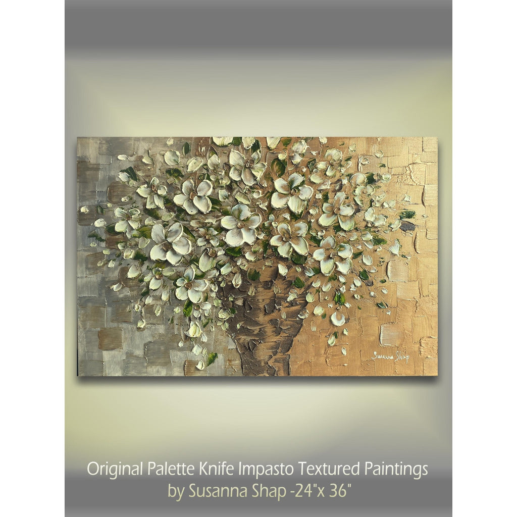 Original White Blossom Flowers Bouquet in vase floral still life Textured Impasto Painting, Palette Knife Fine Art (24"x36")