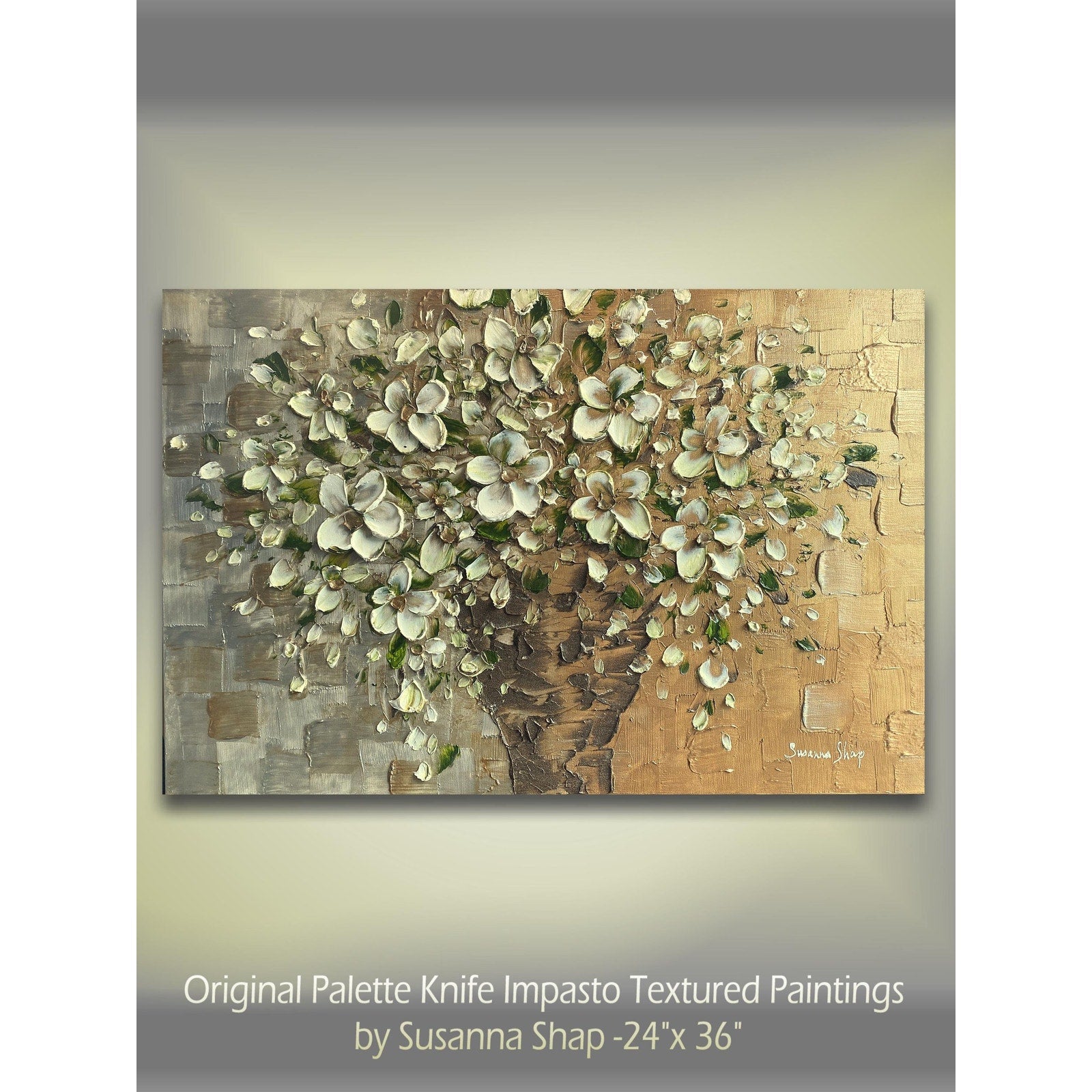 Original White Blossom Flowers Bouquet in vase floral still life Textured Impasto Painting, Palette Knife Fine Art (24"x36")