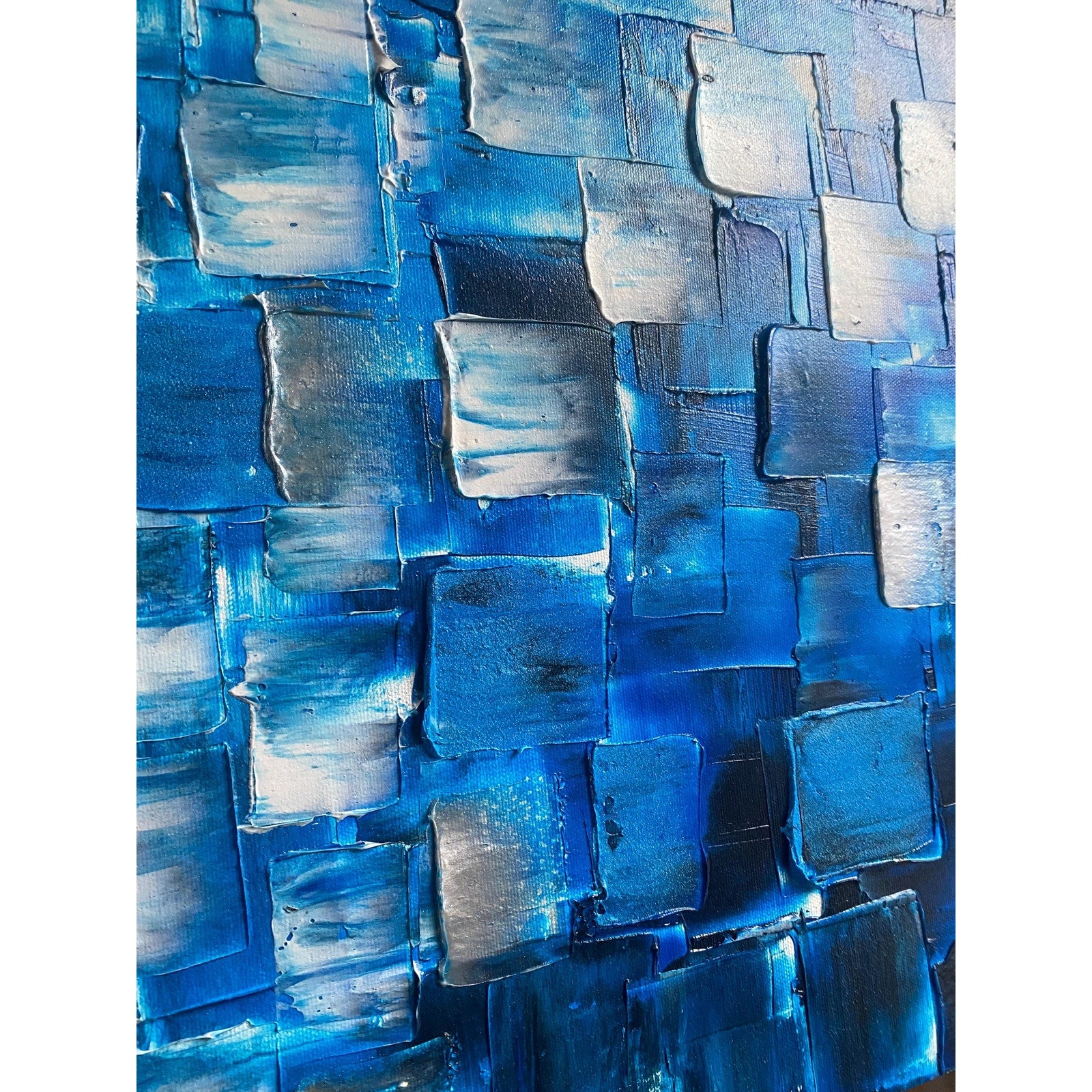ORIGINAL Black Blue tonal large abstract painting Textured Squares Geometric Palette knife Art 48"x24" - by Susanna Shap