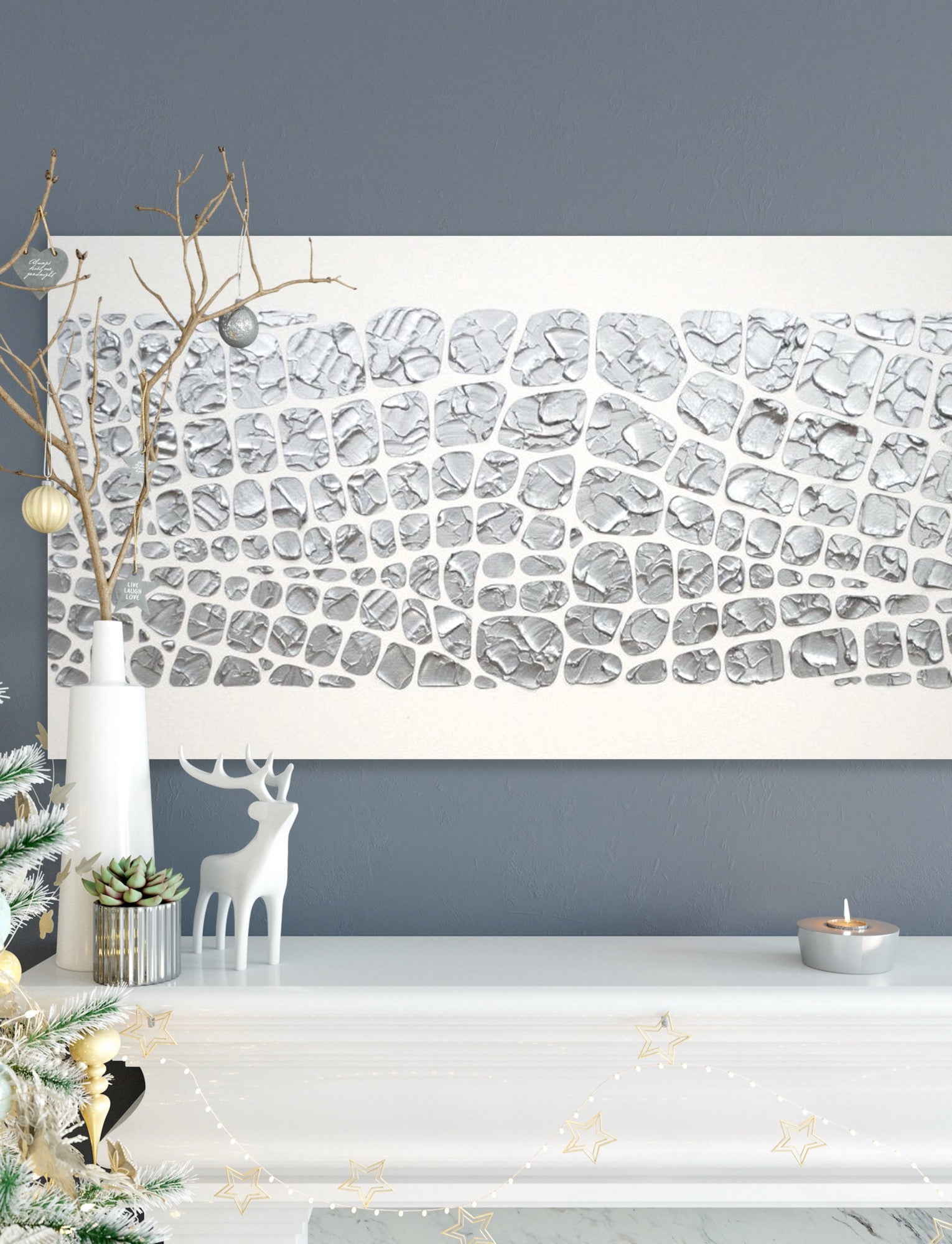 Original painting, metallic silver on white, Textured Large Abstract Art MADE2ORDER Mosaic Painting (48”x24”)