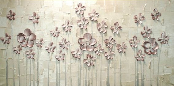 Close-up of pink and white 3D flower blossoms with textured impasto background, handmade floral artwork by Susanna Shap
