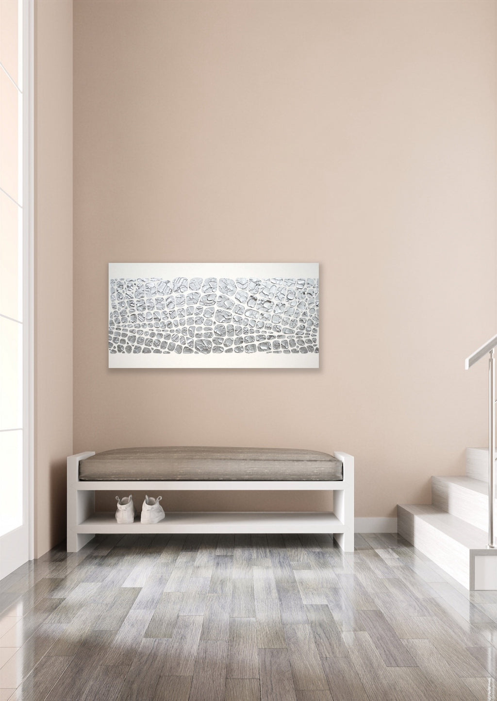 Original painting, metallic silver on white, Textured Large Abstract Art MADE2ORDER Mosaic Painting (48”x24”)