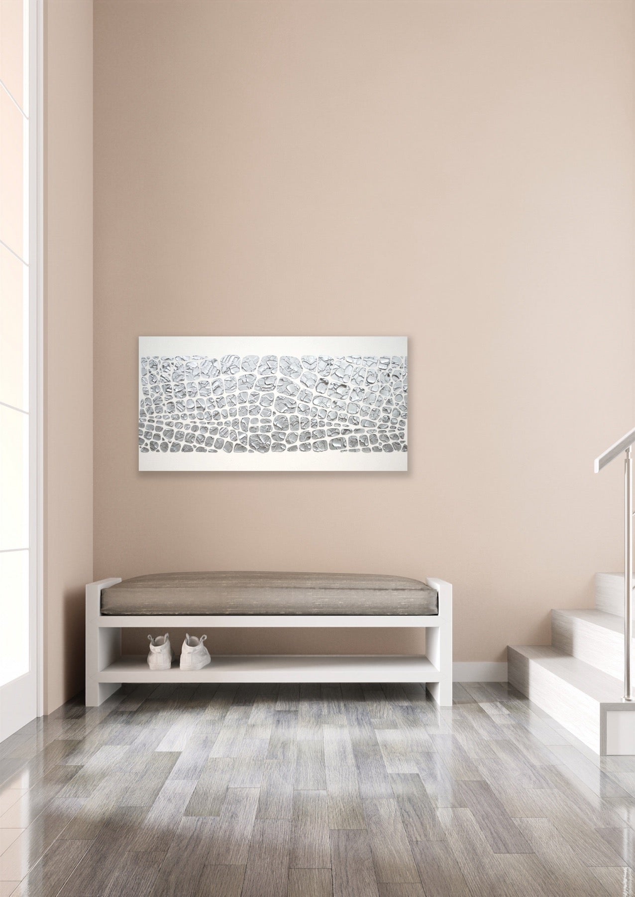 Original painting, metallic silver on white, Textured Large Abstract Art MADE2ORDER Mosaic Painting (48”x24”)