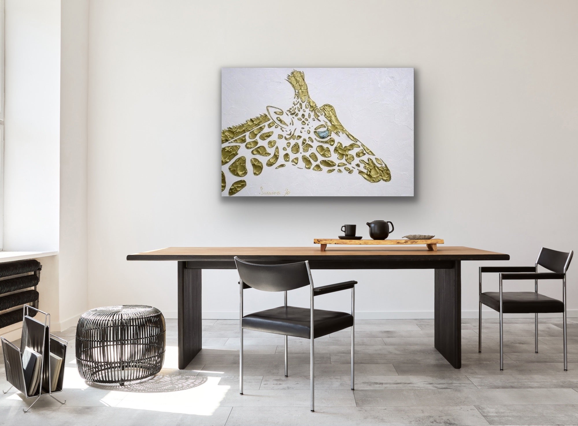 Abstract Original Giraffe Painting, Gold On White, palette knife impasto, 24”x36” MADE2ORDER