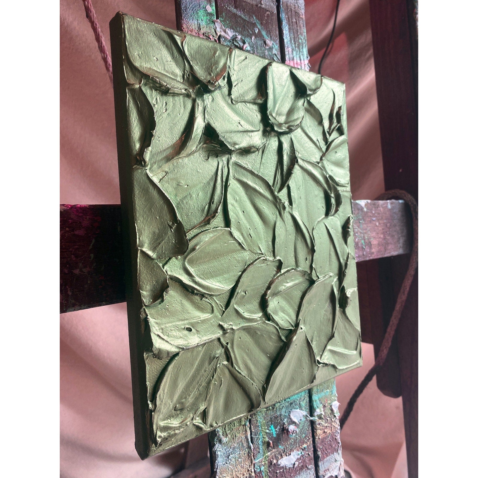 "Jade" Metallic Olive Green ORIGINAL Abstract Textured painting, Palette knife Impasto Art, Small 8"x10"